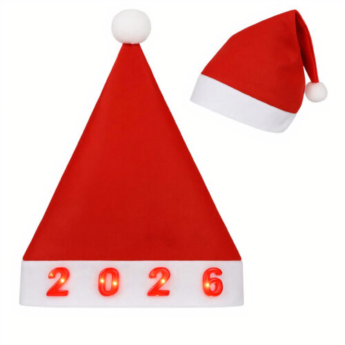 Căciulă de Moș Crăciun 12/set, 2026 cu LED-uri Roșii Iluminate în Cifre, 38x28cm cu Bandă Albă Engros