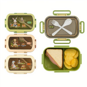 Caserole de Prânz pentru Copii 22x14x6cm, 2 Compartimente cu Lingurita si Furculita, Diferite Modele Engros