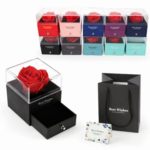 Trandafir Artificial 7x5cm din Spumă, în Cutie cu Sertar 10x8.5cm, cu Pungă de Cadou și Cartonaș Mesaj, Diferite Culori Engros