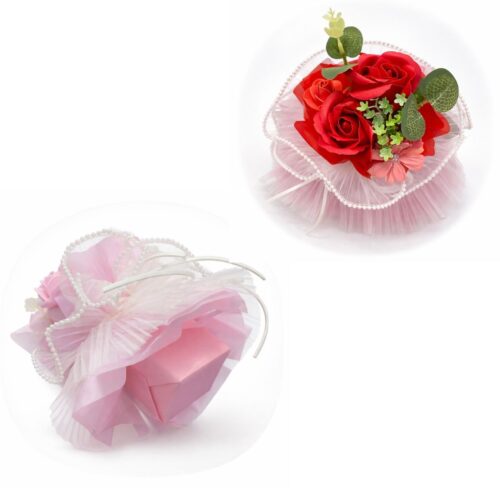 Buchet Floral Artificial 18cm din Tulle Plisat și Funde cu Perle in Cutie, 22x14cm Transparenta din Plastic, Diferite Culori Engros