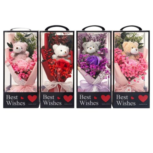 Decorațiune Artificială 4/set, Buchet cu Trandafir din Săpun Parfumat si Ursulet 25cm, în Cutii Transparente din Plastic Diferite Culori Engros