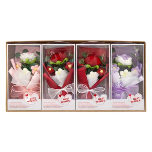 Decorațiune Artificială 4/set, Buchet Flori Croșetate 25cm in Cutii Transparente din Plastic Engros