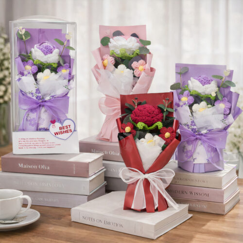 Decorațiune Artificială 4/set, Buchet Flori Croșetate 25cm, in Cutii Transparente din Plastic Engros