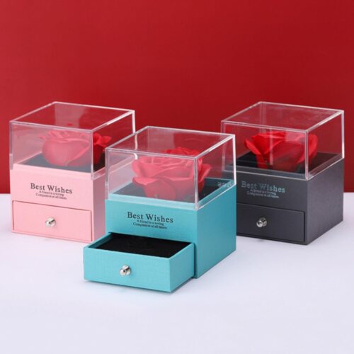 Trandafir Artificial 7x5cm din Spumă în Cutie 10x8.5cm, cu Capac Transparent cu Sertar Model Cadou Elegant Diferite Culori Engros