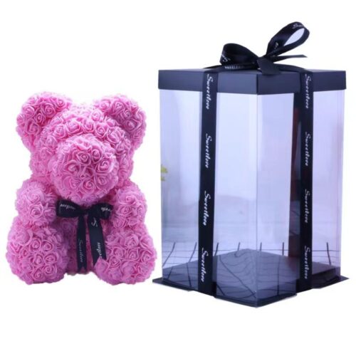 Ursulet din Trandafiri 23cm cu Flori de Spuma, in Cutie Transparenta 30x17cm Diferite Culori Engros