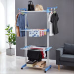 Uscător Haine 165.5×75×52cm cu 3 Niveluri din Metal, Susținere 50kg cu 2 Bare și 2 Suporturi pentru Umerașe Engros