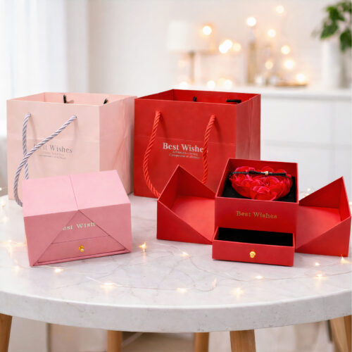 Cutie Cadou cu Flori din Săpun Parfumate cu Sertar pentru Bijuterii 15x5x9.5cm, Pungă Cadou Inclusă Diferite Culori Engros