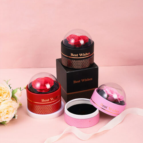 Cutie Cadou Rotundă cu Trandafir din Săpun sub Cupolă Transparentă, 11x10 cm cu Sertar pentru Bijuterii Diferite Culori Engros