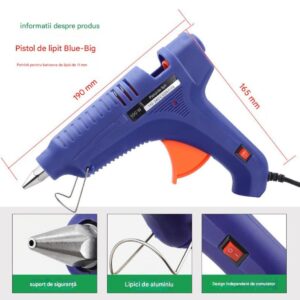 Pistol de Lipit cu Silicon 19x16cm, Electric 110–240V cu Buton Pornit/Oprit si  Duză Metalică de Precizie Albastru Engros