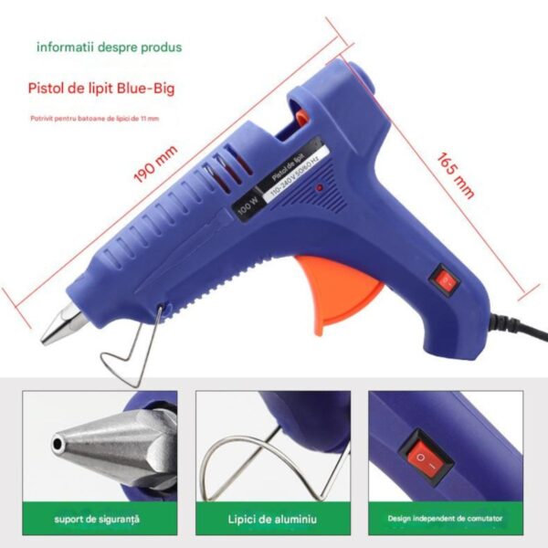 Pistol de Lipit cu Silicon 19x16cm Electric 110–240V, cu Buton Pornit/Oprit si  Duză Metalică de Precizie Albastru Engros