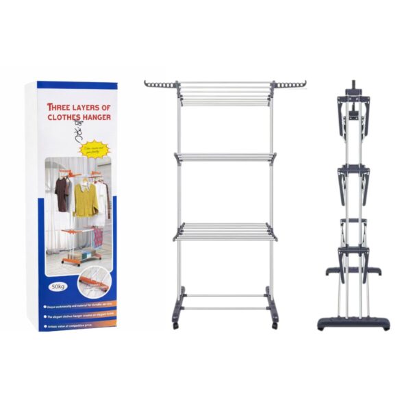 Uscător Haine 165.5×75×52cm cu 3 Niveluri din Metal, Susținere 50kg cu 2 Bare și 2 Suporturi pentru Umerașe Engros