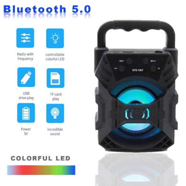 Boxă Portabilă Bluetooth KTS-1057, Lumina LED Color Radio FM 17×7.5cm USB si TF Card Engros