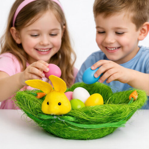 Coș Decorativ de Paște 22x10x10cm, cu Iarbă Artificială, Morcovi Ornamentali, și Iepuraș Engros