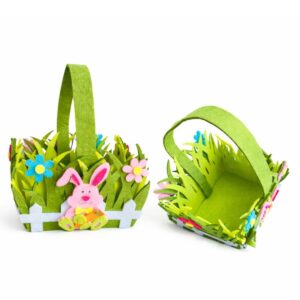 Coș Decorativ de Paște din Fetru 16x10x12cm cu Iepuraș, cu Ornamente, Model Iarbă Verde cu Gard Engros