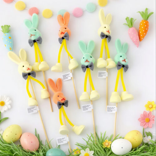 Iepuraș Decorativ de Paște pe Băț 29.5cm, Cap din Poliester cu Picioare Flexibile Modelatoare Diferite Culori Pastelate Engros