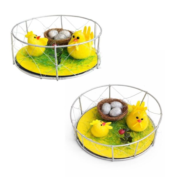 Decoratiune de Paște în Suport Metalic 13.5cm, cu Puișori Galbeni și Cuib cu Ouă Engros