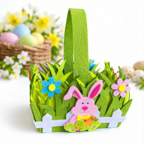 Coș Decorativ de Paște din Fetru 16x10x12cm cu Iepuraș, cu Ornamente, Model Iarbă Verde cu Gard Engros