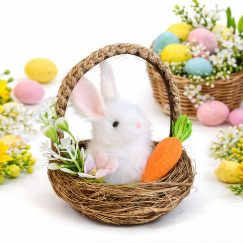 Coș Decorativ de Paște 10x9cm cu Iepuraș Pufos, Morcov și Flori Decorative Engros
