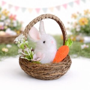 Coș Decorativ de Paște 10x9cm cu Iepuraș Pufos, Morcov și Flori Decorative Engros 3 Coș Decorativ de Paște 10x9cm cu Iepuraș Pufos, Morcov și Flori Decorative Engros