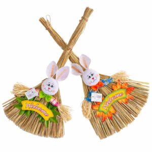 Mătură Decorativă de Paște 52x25cm, cu Iepuraș și Inscripție Welcome, din Paie Naturale, Diferite Modele Colorate Engros