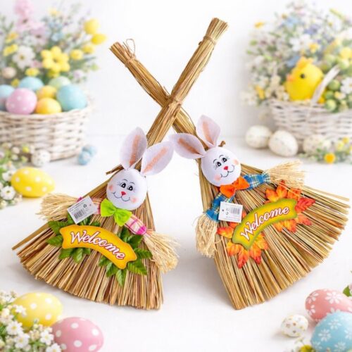 Mătură Decorativă de Paște 52x25cm, cu Iepuraș și Inscripție Welcome, din Paie Naturale, Diferite Modele Colorate Engros