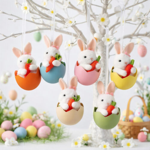Decoratiune de Paste Suspendabila, Iepuraș 11cm în Ou Decorativ din Plastic, cu Morcov și Agățătoare, Diferite Culori Engros