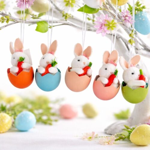 Decoratiune de Paste Suspendabila, Iepuraș 11cm în Ou Decorativ din Plastic, cu Morcov și Agățătoare, Diferite Culori Engros