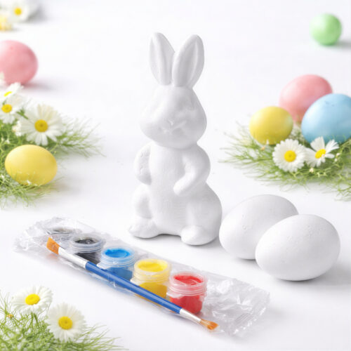 Figurină Iepuraș de Paște pentru Pictat 15cm, cu 2 Ouă Decorative 6cm din Poliester, Pensulă și Acuarele 5 Culori Engros