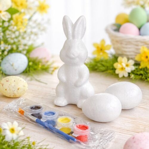 Figurină Iepuraș de Paște pentru Pictat 15cm, cu 2 Ouă Decorative 6cm din Poliester, Pensulă și Acuarele 5 Culori Engros