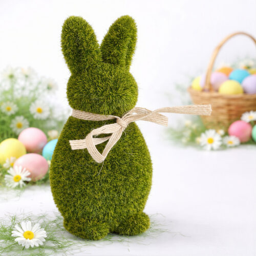 Iepuraș Decorativ de Paște 15cm, din Poliester, Model Iarbă Artificială cu Fundă Engros