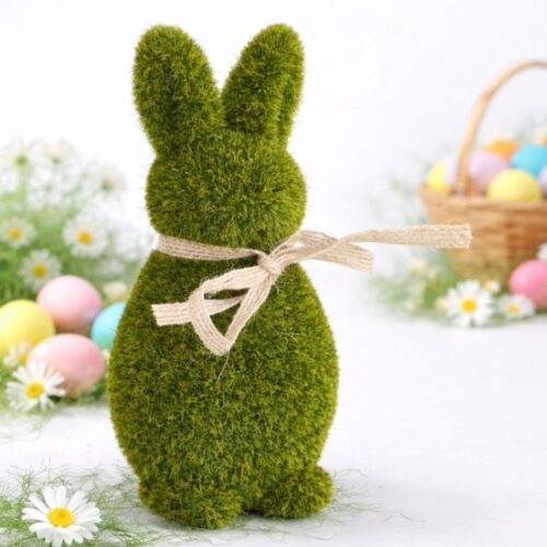 Iepuraș Decorativ de Paște 15cm, din Poliester, Model Iarbă Artificială cu Fundă Engros