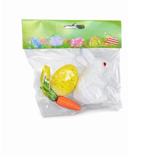 Iepuraș Decorativ de Paște 9cm, Ou si Agatatoare si Morcov din Poliester Engros