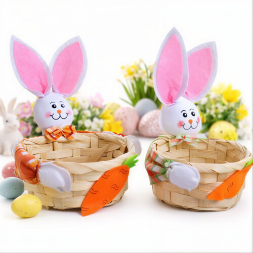 Coșuri Decorative de Paște din Răchită 12x5cm, cu Iepuraș Textil 13cm Diferite Modele Engros