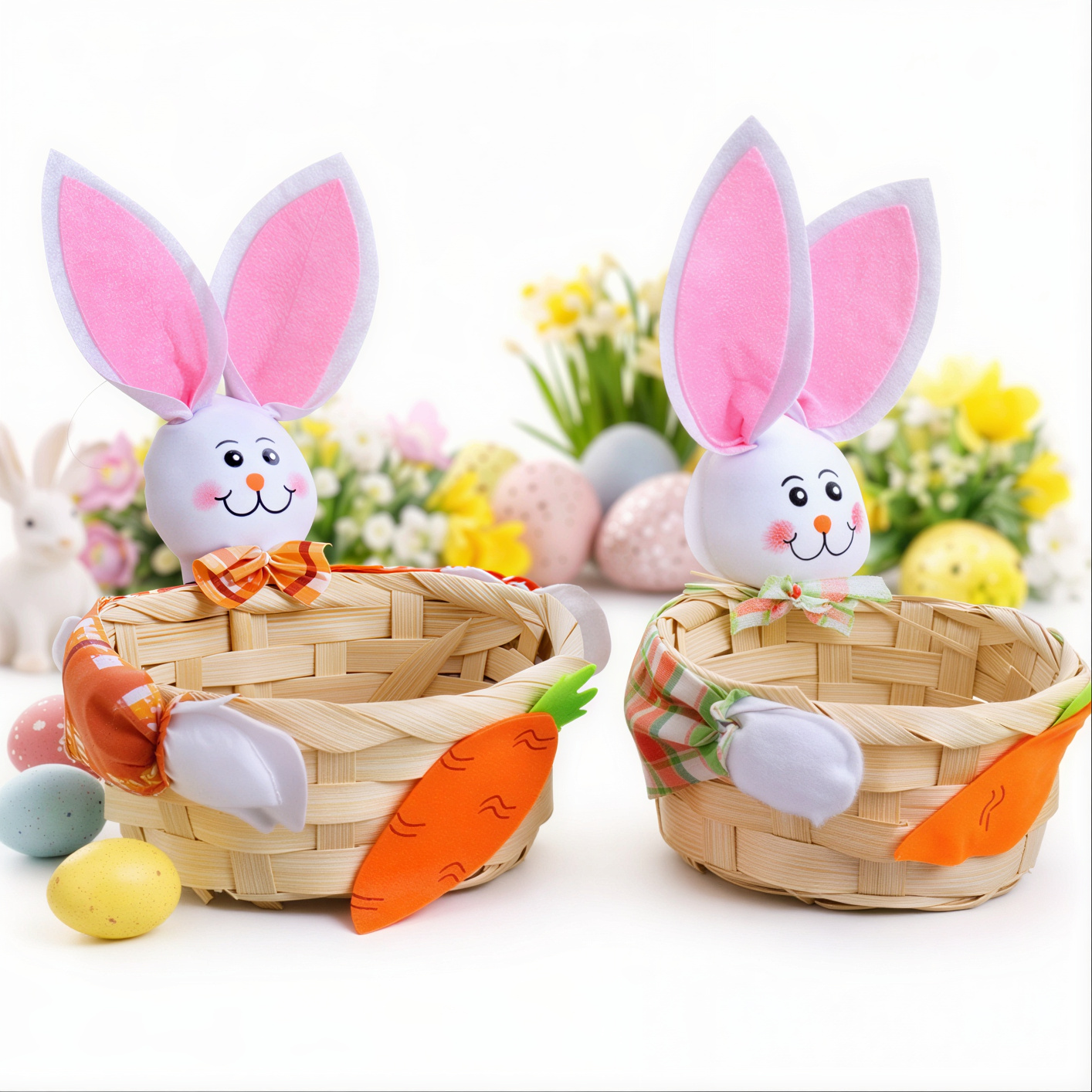 Coșuri Decorative de Paște din Răchită 12x5cm, cu Iepuraș Textil 13cm Diferite Modele Engros Coșuri Decorative de Paște din Răchită 12x5cm, cu Iepuraș Textil 13cm Diferite Modele Engros