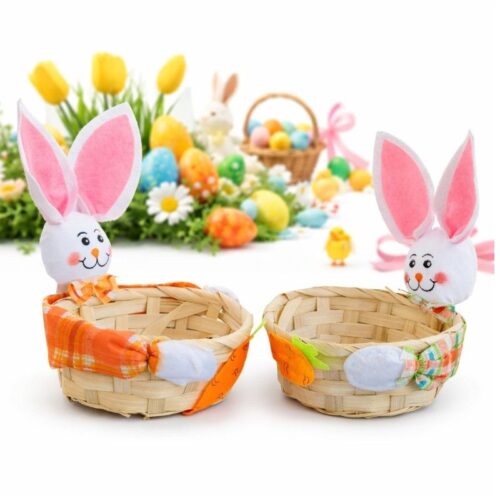 Coșuri Decorative de Paște din Răchită 12x5cm, cu Iepuraș Textil 13cm Diferite Modele Engros