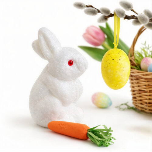 Iepuraș Decorativ de Paște 9cm, Ou si Agatatoare si Morcov din Poliester Engros