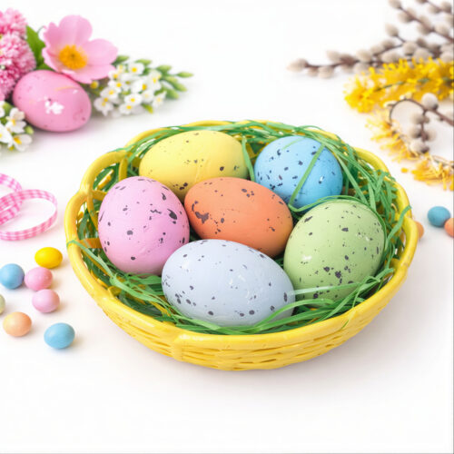 Coșuleț Decorativ 14.5cm de Paște, din Plastic cu Iarbă Artificială și 6 Ouă Colorate 5.5cm, din Poliester Engros