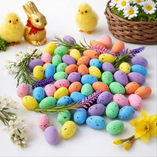 Ouă Decorative de Paște 3cm din Poliester, 60/set, cu 4 Ornamente Florale Decorative 13cm, Diferite Modele Colorate Engros