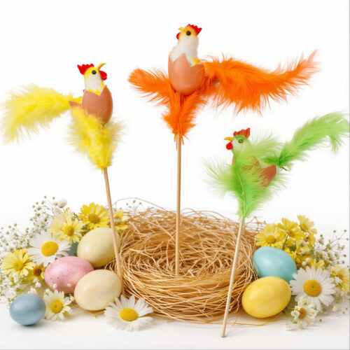 Cocoș Decorativ de Paște cu Pene Colorate in Ou Decorativ, pe Băț 30cm Diferite Modele Engros