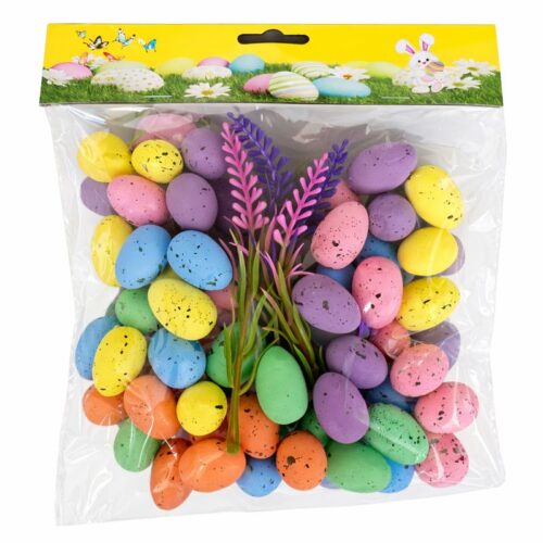 Ouă Decorative de Paște 3cm din Poliester, 60/set, cu 4 Ornamente Florale Decorative 13cm, Diferite Modele Colorate Engros