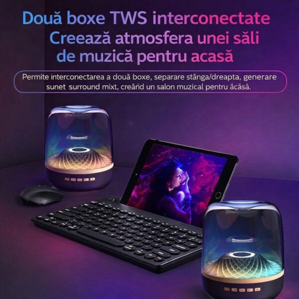 Boxă Audio Bluetooth Portabilă 13x11cm Model Cristal Acustic Mini, luminare LED Multicoloră USB Engros