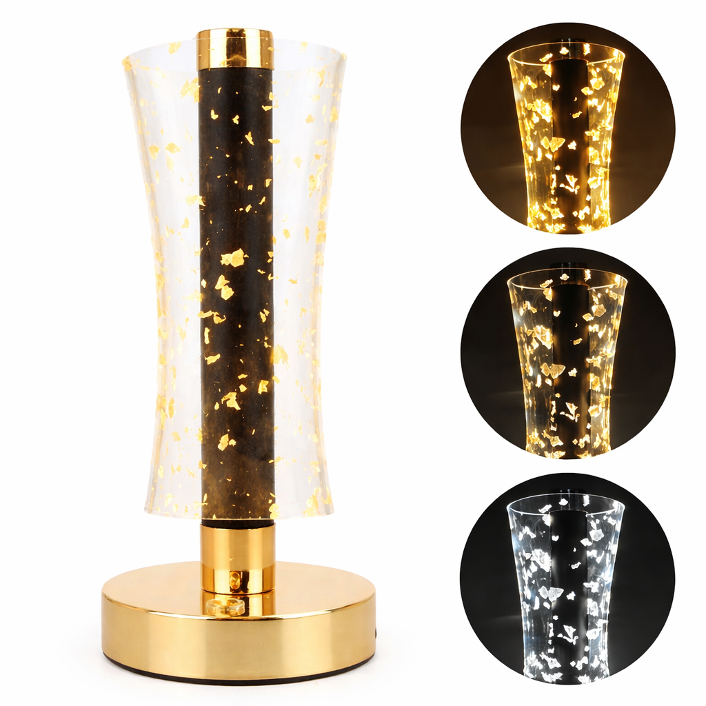 Lampă LED Decorativă 23x14cm, Model Cristal cu Fulgi Aurii, cu 3 Moduri de Lumină, Control Touch Reîncărcabilă Engros