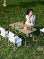 Masă Pliabilă 95x55x50cm cu 4 Scaune, Set Camping Portabil din Aluminiu, Geantă Transport Inclusă Engros