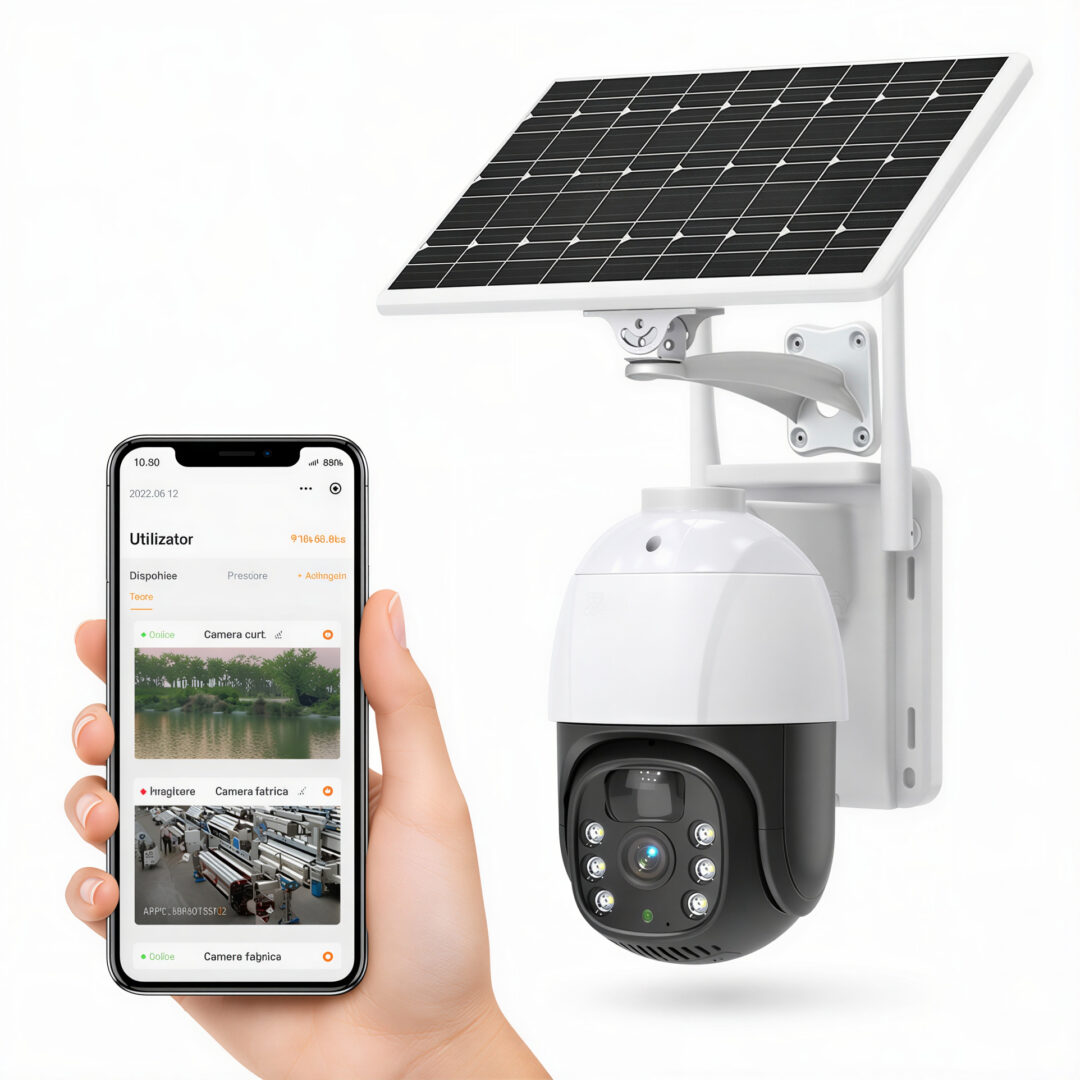 Cameră Supraveghere Solară 19cm, 4K Ultra HD, Rotire 360°, Triple Lens Design, o Cameră Reală, 2 Antene Wi-Fi, Vedere Nocturnă IR, Audio Bidirecțional, Control prin Telefon Engros